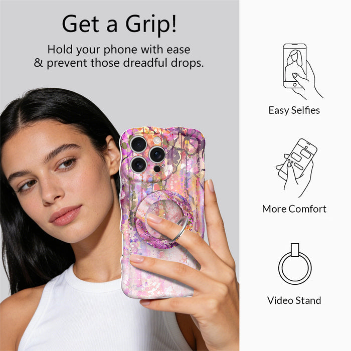 Floral Daydream ethereal purple and pink watercolor petal pattern MagSafe phone grip ring compatible with iPhone and Samsung