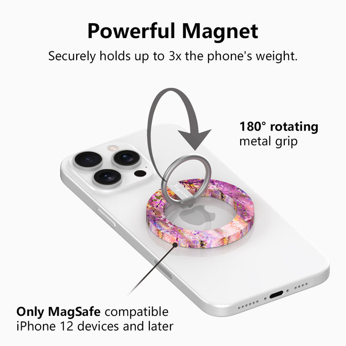 Floral Daydream ethereal purple and pink watercolor petal pattern MagSafe phone grip ring compatible with iPhone and Samsung