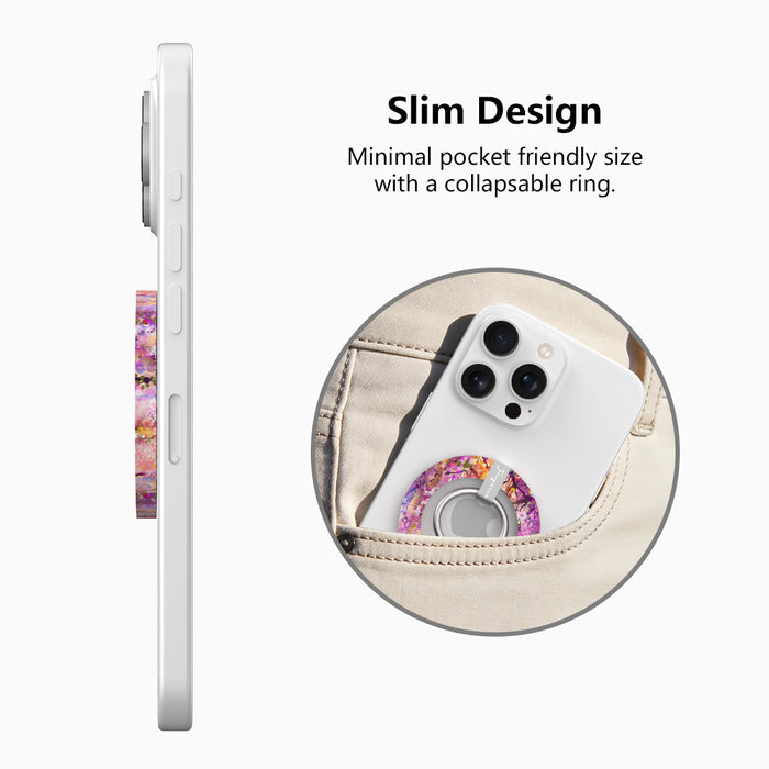 Floral Daydream ethereal purple and pink watercolor petal pattern MagSafe phone grip ring compatible with iPhone and Samsung