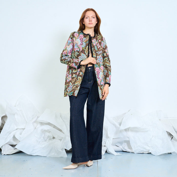 Floral jacquard open-front cardigan with patch pockets wholesale
