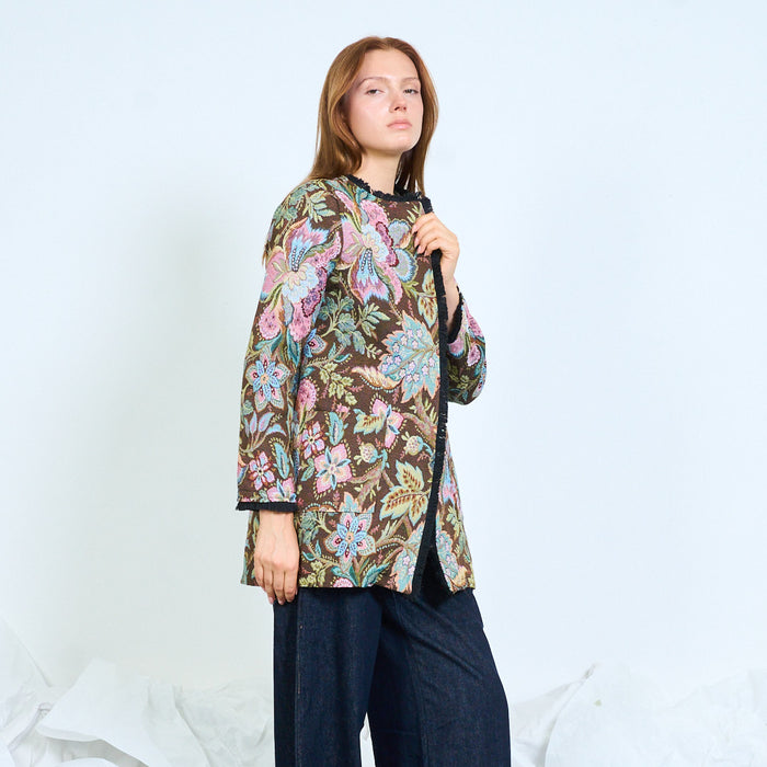 Floral jacquard open-front cardigan with patch pockets wholesale