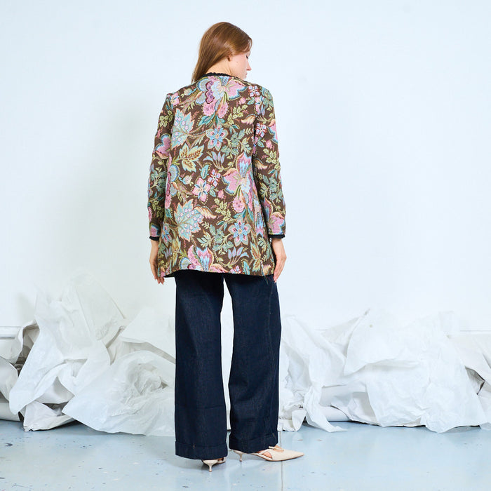 Floral jacquard open-front cardigan with patch pockets wholesale