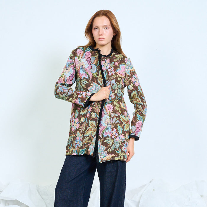 Floral jacquard open-front cardigan with patch pockets wholesale