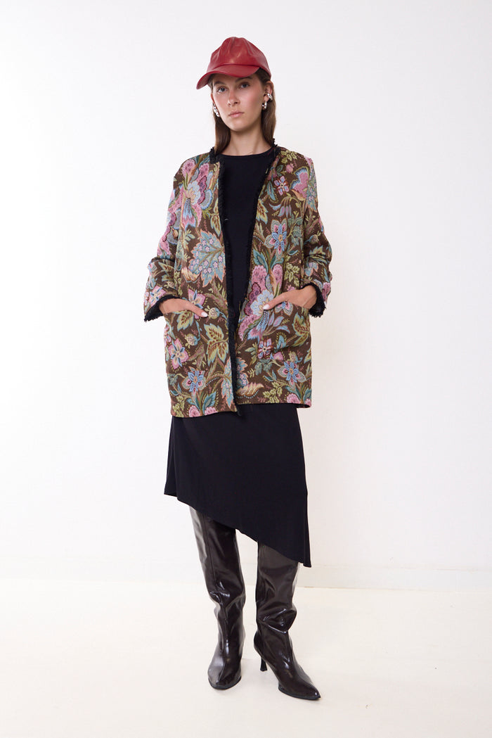 Floral jacquard open-front cardigan with patch pockets wholesale