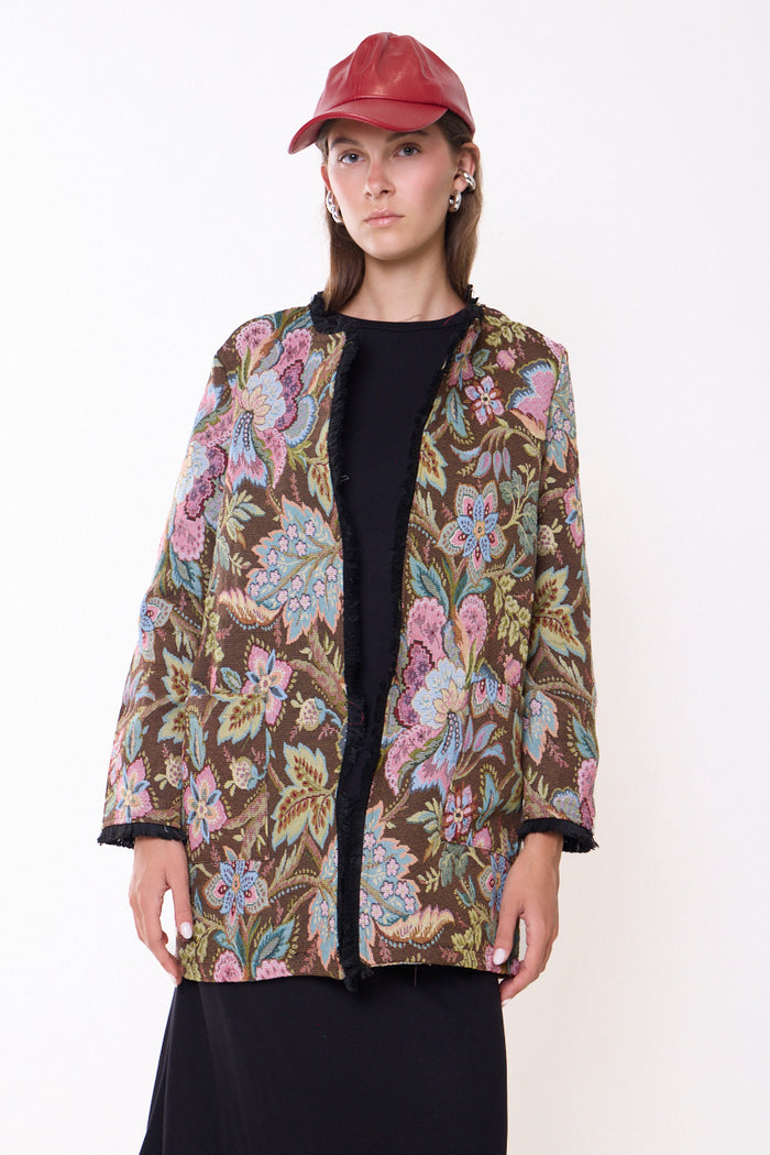Floral jacquard open-front cardigan with patch pockets wholesale
