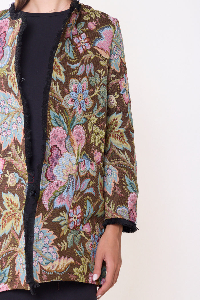 Floral jacquard open-front cardigan with patch pockets wholesale
