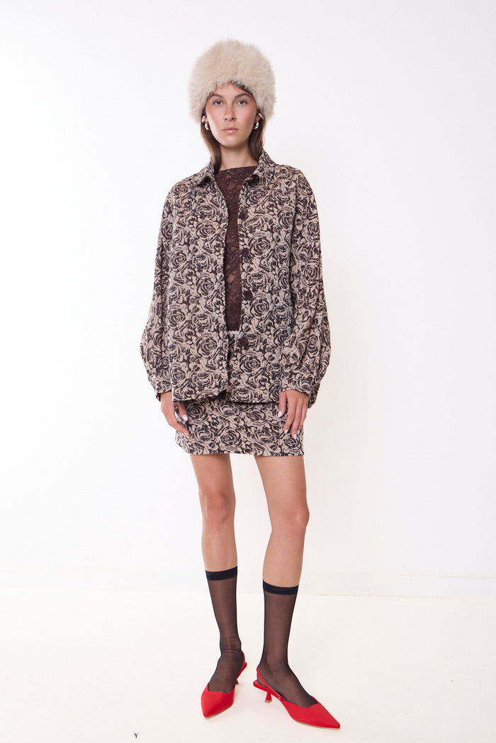 Floral jacquard shirt jacket with button front wholesale