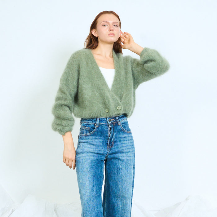 Fuzzy kid mohair button-front cardigan wholesale