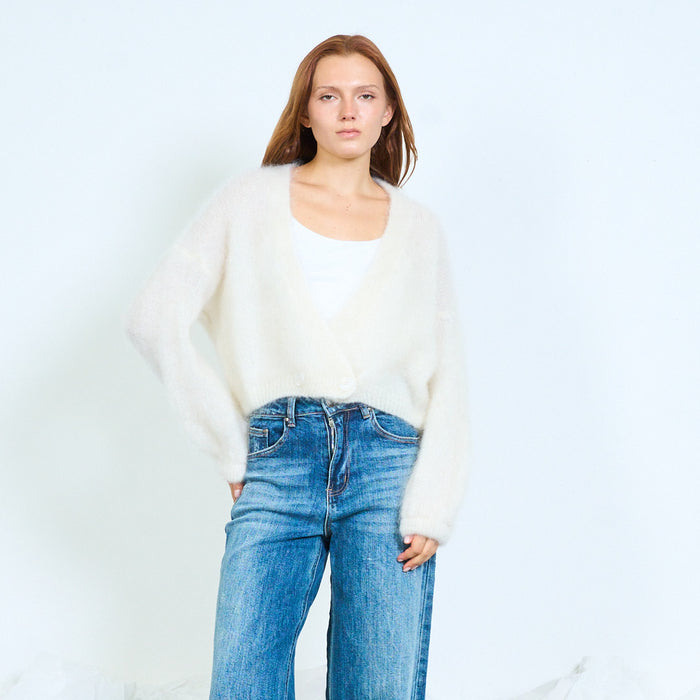 Fuzzy kid mohair button-front cardigan wholesale