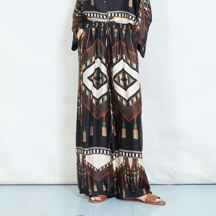 Geometric tassel and animal printed wide-leg trousers wholesale