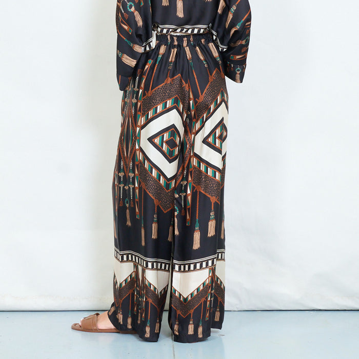 Geometric tassel and animal printed wide-leg trousers wholesale