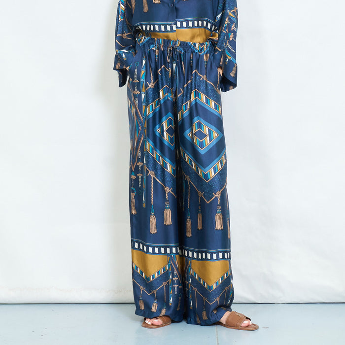Geometric tassel and animal printed wide-leg trousers wholesale