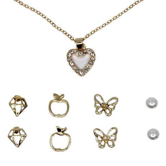 Gold Heart Necklace & Stud Earring Jewellery Set