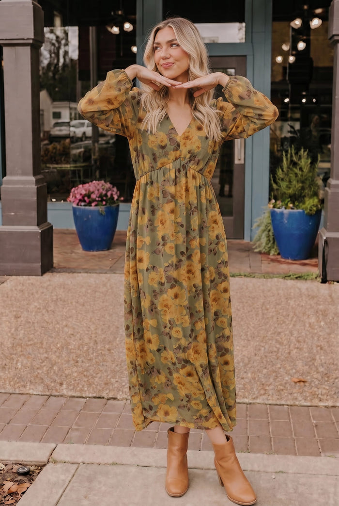 Golden Blooms Floral Maxi Dress