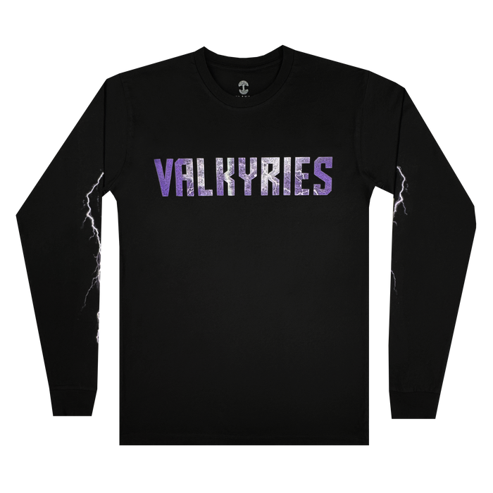 The GSV Golden State Valkyries Violet Lightning LS Tee is a black organic cotton long-sleeve shirt featuring bold purple and white “VALKYRIES” text and white lightning bolts on the sleeves—a must-have for Valkyries fans.
