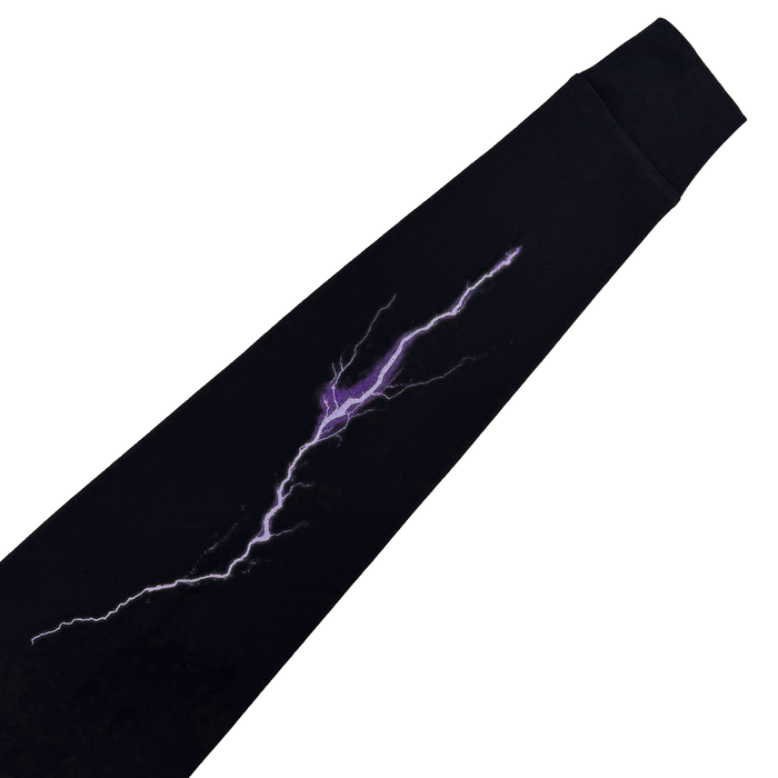 The GSV Golden State Valkyries Violet Lightning LS Tee is an organic cotton black long sleeve, showcasing a vivid purple lightning bolt for a bold fan look.