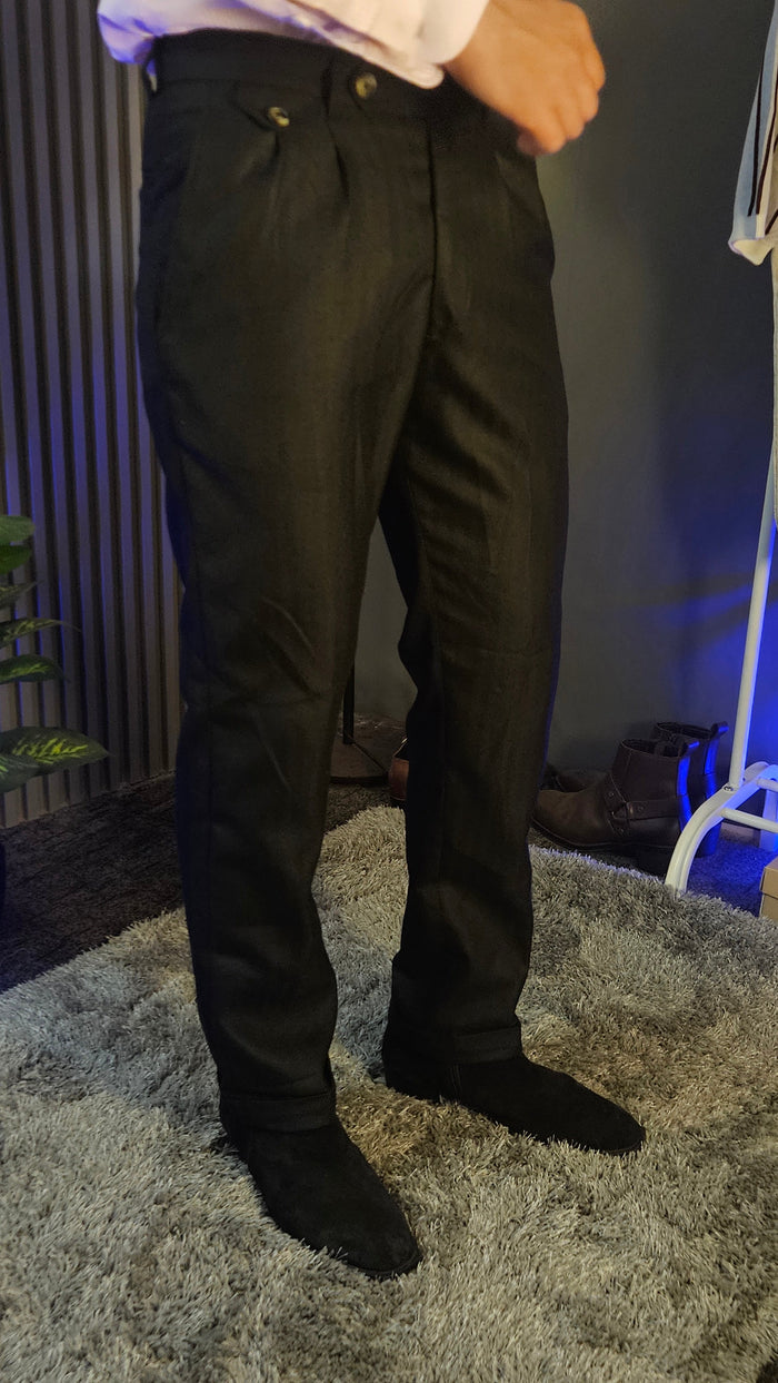 Grey Herringbone Gurkha Pant × Crepe Stripe One Piece Collar Shirt