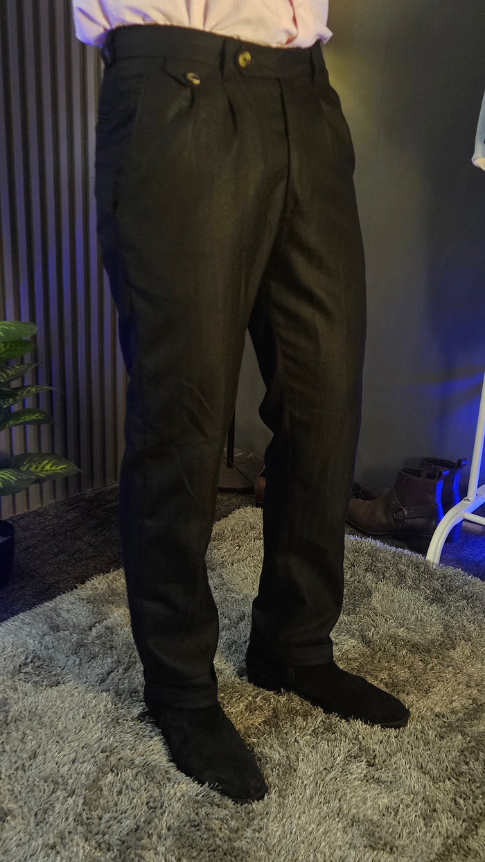 Grey Herringbone Gurkha Pant × Crepe Stripe One Piece Collar Shirt
