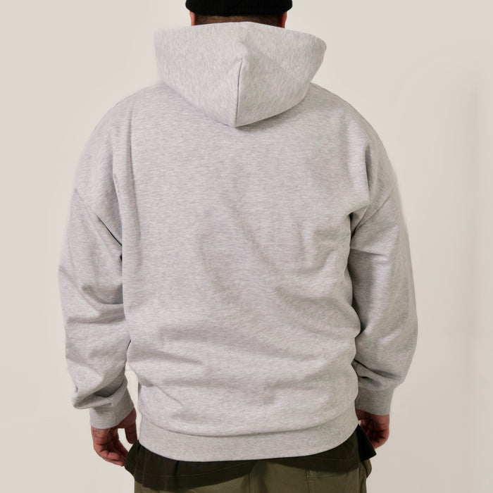 Guests on Earth Hoodie back view in heather grey, relaxed fit with hood up, clean unbranded back panel