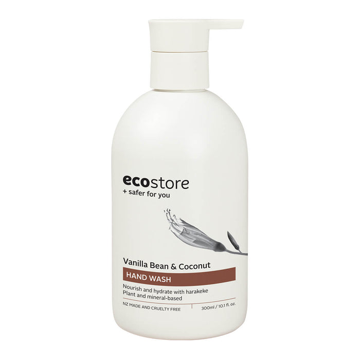 A white pump bottle of ecostore Hand Wash with Vanilla & Coconut scent, featuring a graphic of a harakeke flax flower & text detailing the product size and scent.