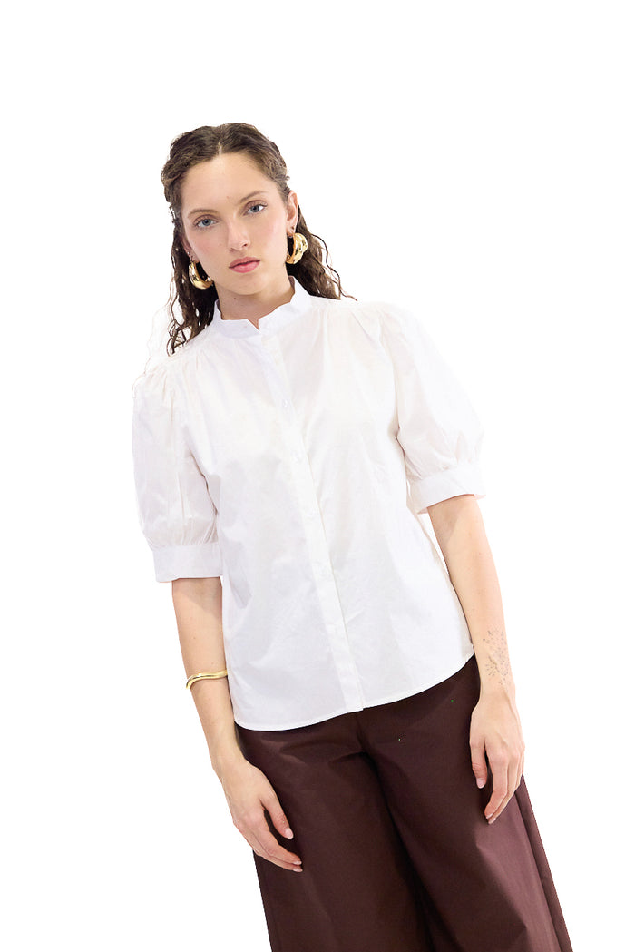 High neck puff sleeve button blouse wholesale