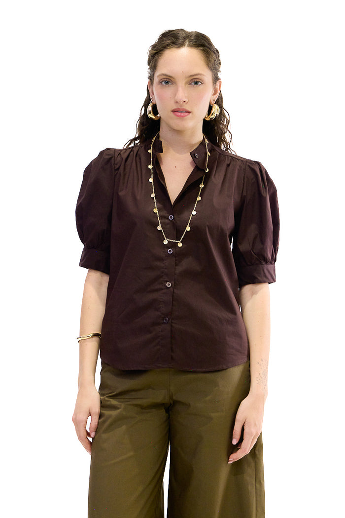 High neck puff sleeve button blouse wholesale