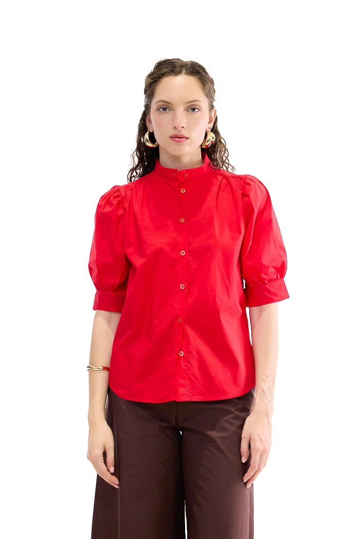 High neck puff sleeve button blouse wholesale