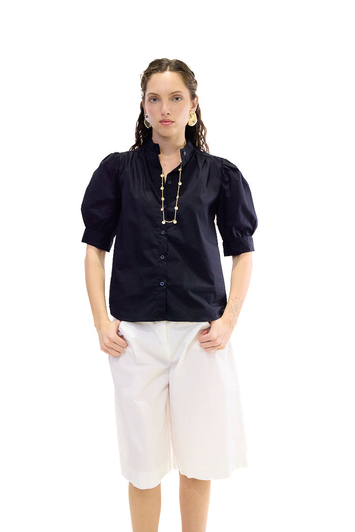 High neck puff sleeve button blouse wholesale