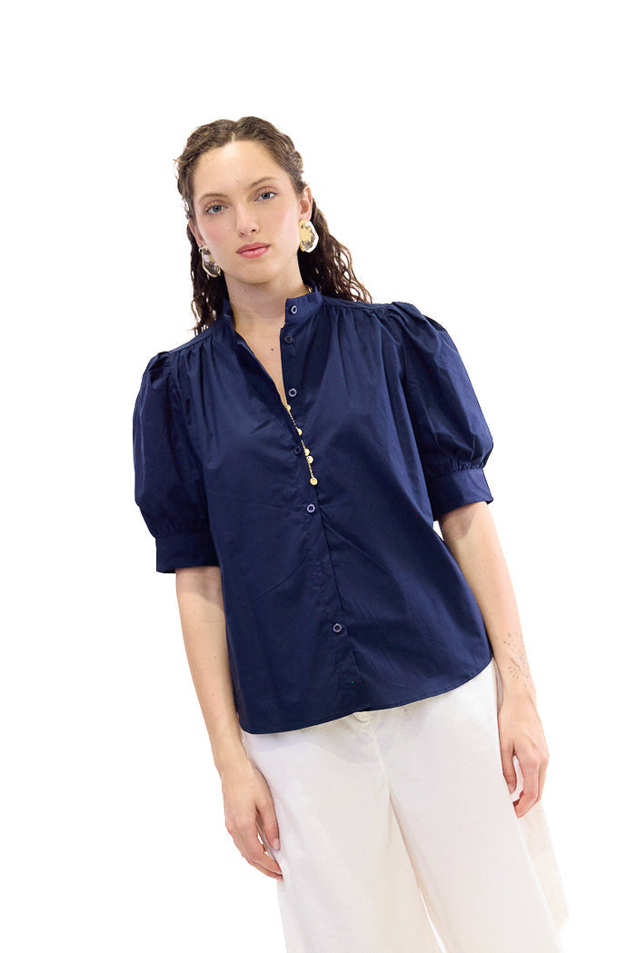 High neck puff sleeve button blouse wholesale