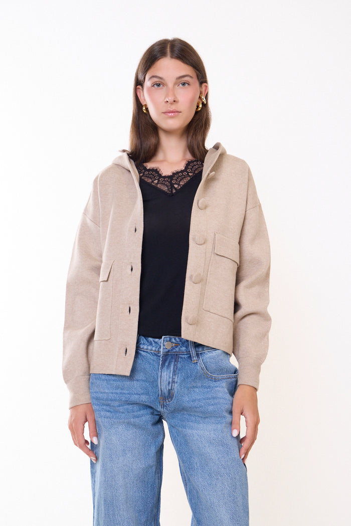 Hooded button-front utility coat with patch pockets wholesale
