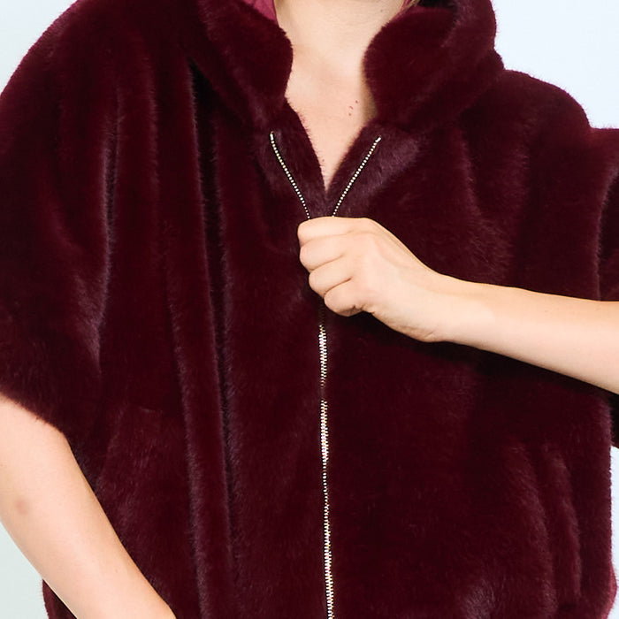 Hooded faux fur short coat with zip closure wholesale