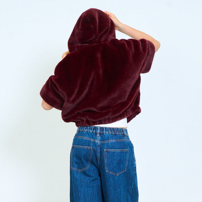 Hooded faux fur short coat with zip closure wholesale