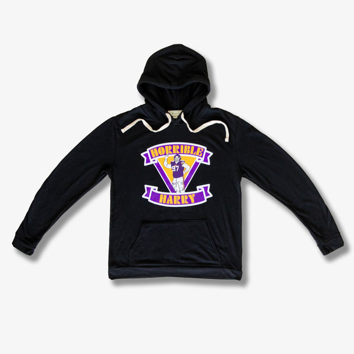 Black cotton hoodie with screen printed "horrible harry" graphic