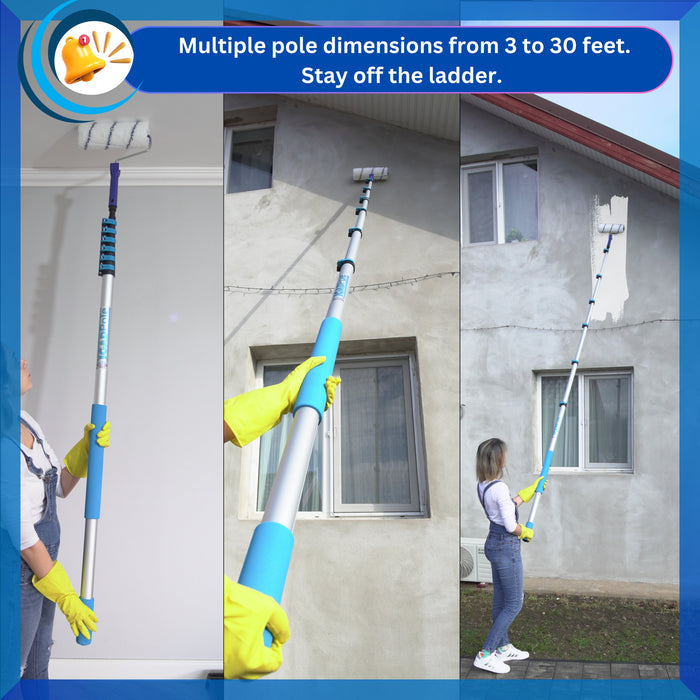 IGADPole – 12ft Telescopic Pole with Threaded Connector, Feather Duster and Paint Roller Adapter