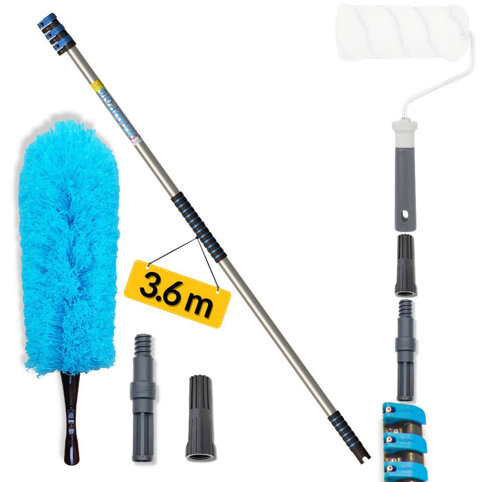 IGADPole – 12ft Telescopic Pole with Threaded Connector, Feather Duster and Paint Roller Adapter