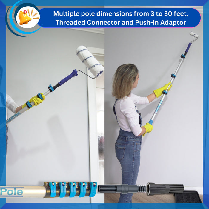 IGADPole – 30ft Telescopic Pole with Threaded Connector, Feather Duster and Paint Roller Adapter