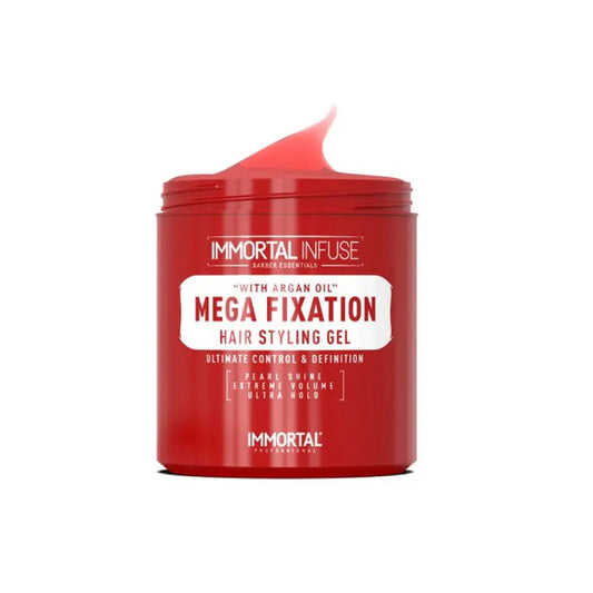 “Model styling hair with Argan Mega Fixation Gel, creating a sharp slick-back look.”