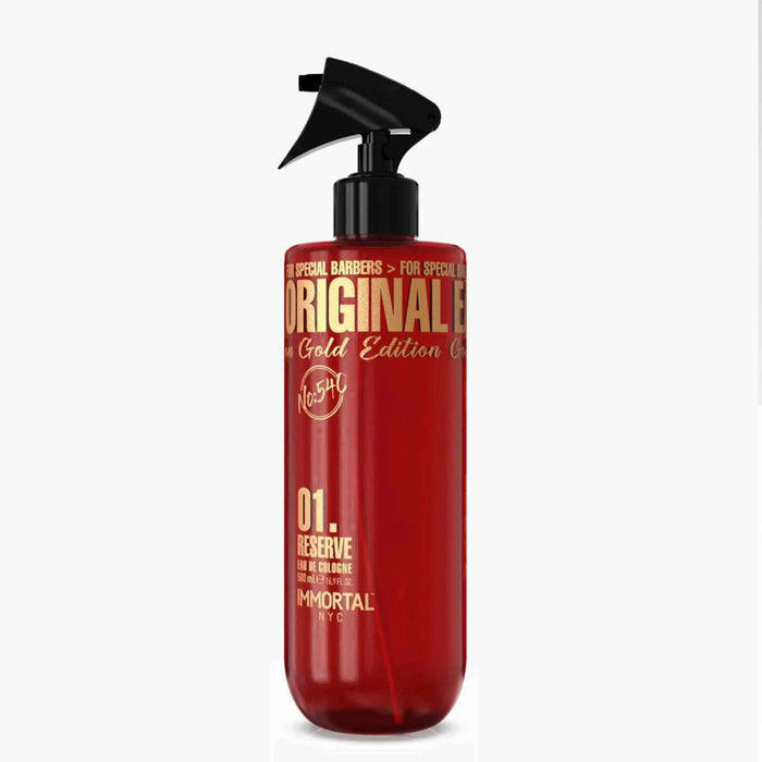 Reserve 01 Gold Edition After Shave Cologne Red bottle with black pump nozzle on a white background