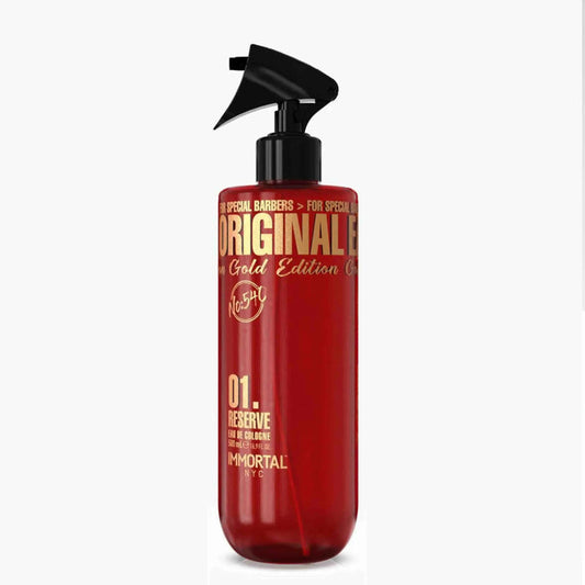 Reserve 01 Gold Edition After Shave Cologne Red bottle with black pump nozzle on a white background