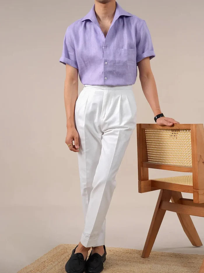 Italian Vega - Cut Away Collar Half Sleeve Linen Shirt - 007