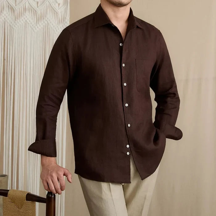 Italian Vega - One Piece Collar Single Pocket Solid Linen Shirt - 001