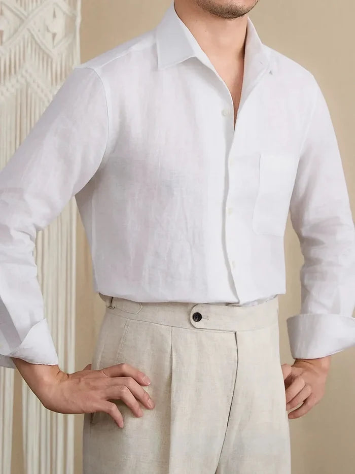 Italian Vega - One Piece Collar Single Pocket Solid Linen Shirt - 001