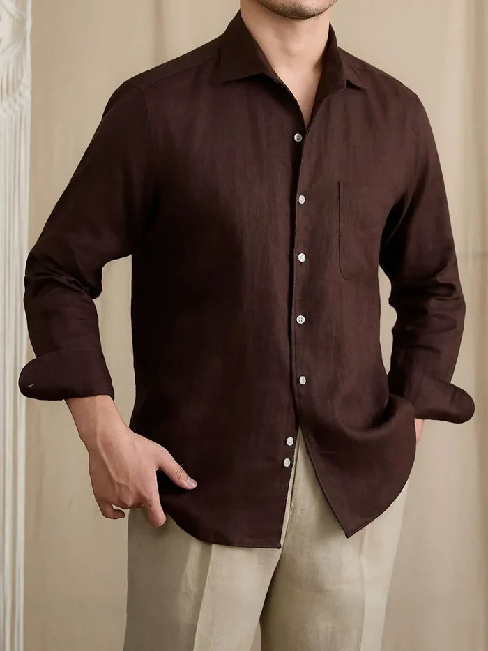 Italian Vega - One Piece Collar Single Pocket Solid Linen Shirt - 001