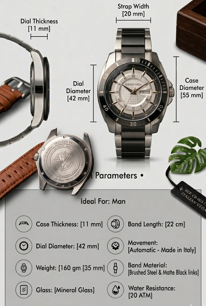 Italian Vega Monarch Day-Date Watch – Gunmetal Black Luxury Timepiece