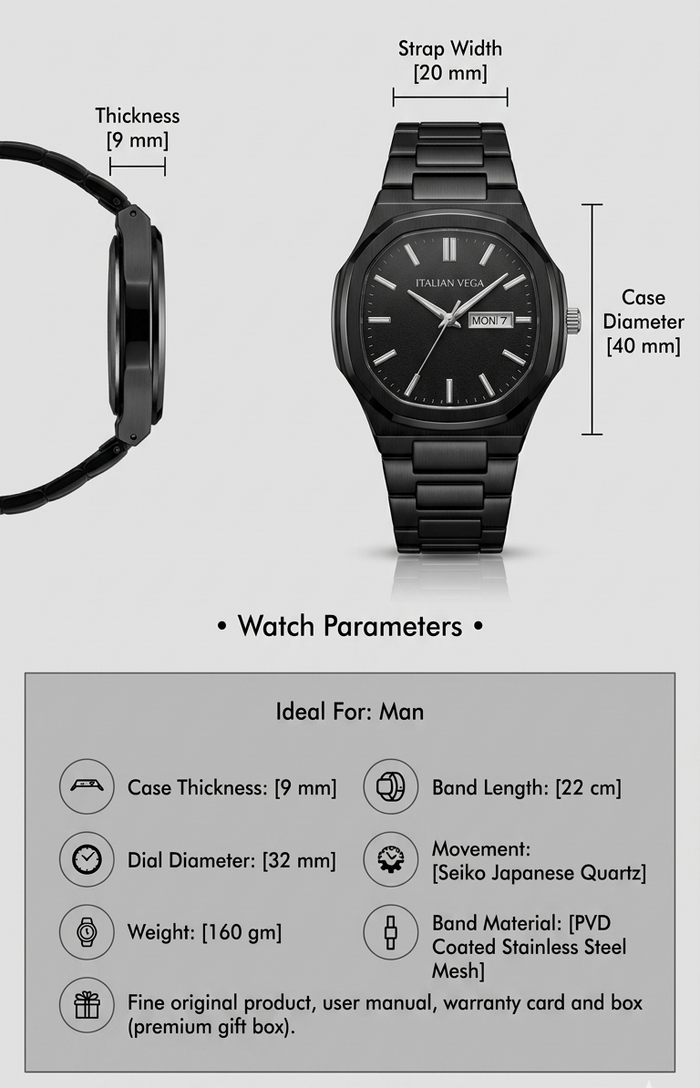 Italian Vega Nero Classico 7 – All Black Premium Stainless Steel Watch