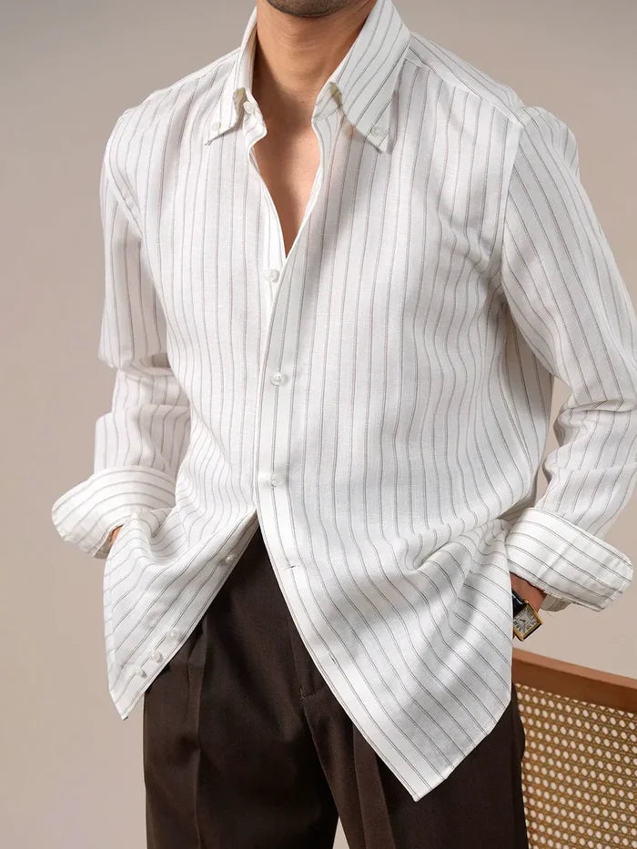 Italian Vega Striped Button Down Linen Shirt - 014
