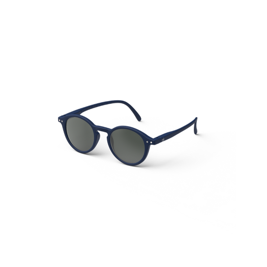 A pair of navy blue junior sunglasses with a round shape and mirrored lenses.