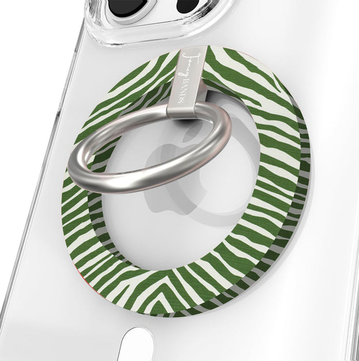Jungle Queen pattern MagSafe phone grip ring with dark green and white animal stripes compatible with iPhone and Samsung