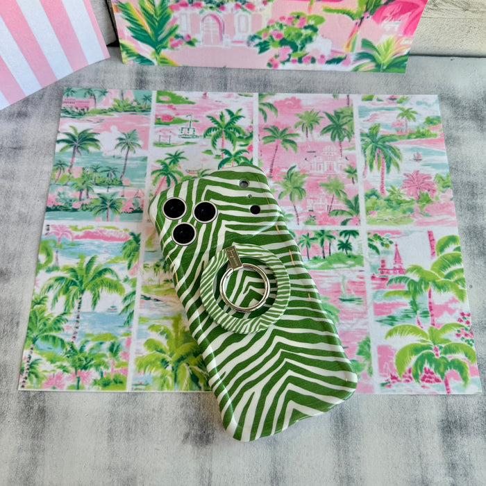 Jungle Queen pattern MagSafe phone grip ring with dark green and white animal stripes compatible with iPhone and Samsung