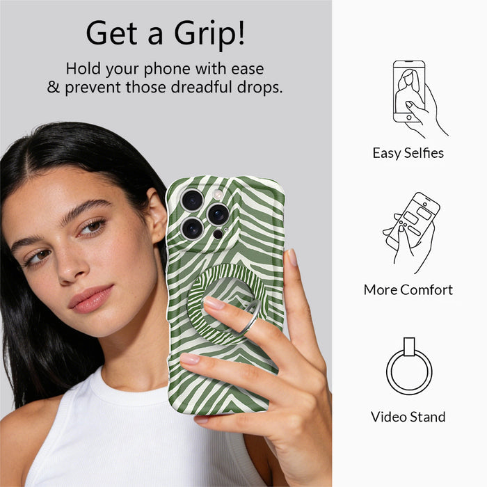 Jungle Queen pattern MagSafe phone grip ring with dark green and white animal stripes compatible with iPhone and Samsung